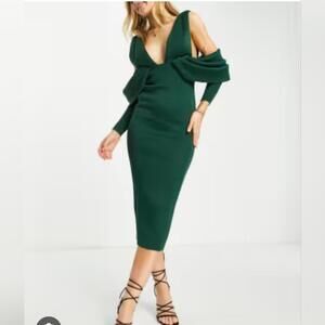 ASOS‎ Emerald Green Midi Dress • Size 10 • Wedding Guest Formal Dainty Romantic